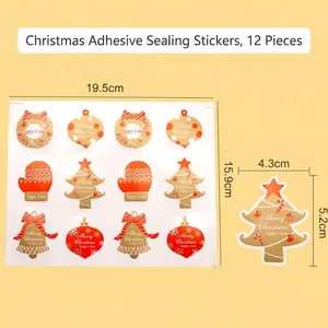 Autocollants de Noël pour emballages festifs, 12 étiquettes par planche, rouge et doré
