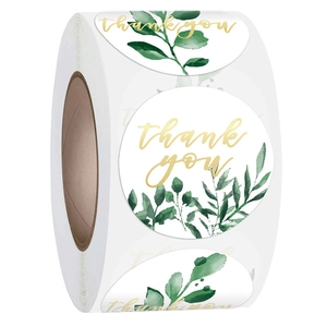 Pegatinas de eucalipto verde con texto dorado 'thank you' para embalaje de regalo