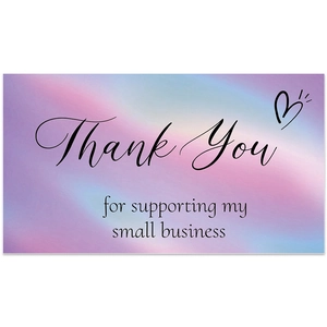 Close-up of holographic Thank You card with small heart and pastel gradient design