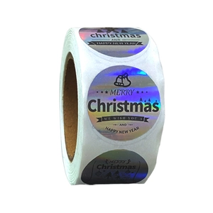 Holographic Merry Christmas laser stickers roll with rainbow metallic finish and festive icons