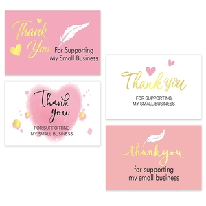 Pink and white heart-themed Thank You cards for small business with gold lettering