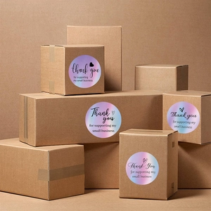 Holographic Thank You stickers for small business packaging on kraft paper boxes