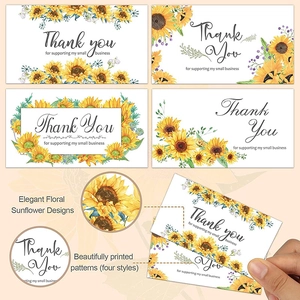Set of four sunflower thank you cards for small business packaging and shipping