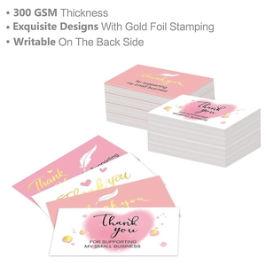 Pink and white 300GSM business thank you cards with gold foil stamping and writable back