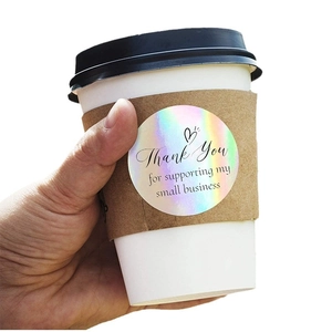 Holographic Thank You stickers on a coffee cup for small business packaging