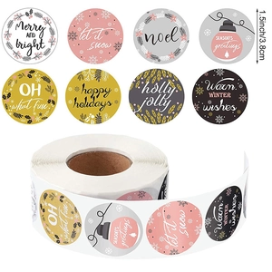 Roll of 8 assorted 1.5 inch Christmas holiday stickers with festive winter patterns
