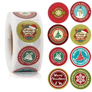 Merry Christmas round sticker roll with 8 festive holiday designs for gift decoration