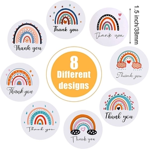Roll of 8 colorful rainbow Thank You stickers with 1.5 inch diameter for gift packaging