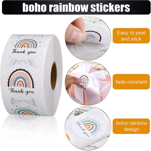 Boho rainbow Thank You stickers roll for gift packaging with easy peel adhesive