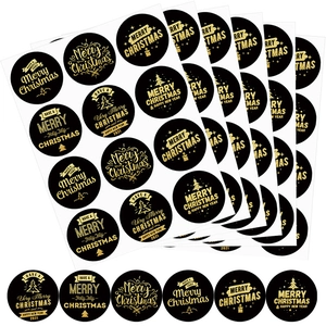 Black Gold Merry Christmas Stickers Round Adhesive Labels Gold Foil Christmas Tree Snowflake New Year Seal Labels Festive Decor
