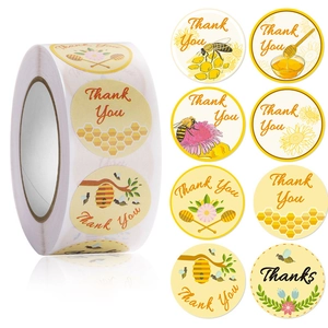 Roll of 100% natural honey bee stickers with 8 cute honeycomb and thank you designs