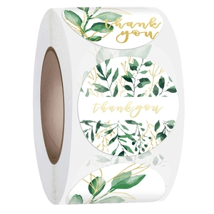 Rotolo di adesivi Thank You con foglie verdi per regali e confezioni aziendali