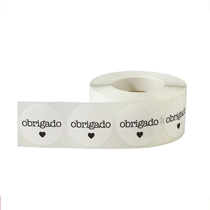 Portuguese Obrigado thank you stickers for gift packaging with heart and black text