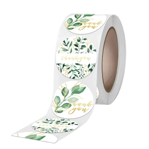 Rotolo di adesivi tondi Thank You con motivo di foglie verdi e scritte dorate eleganti