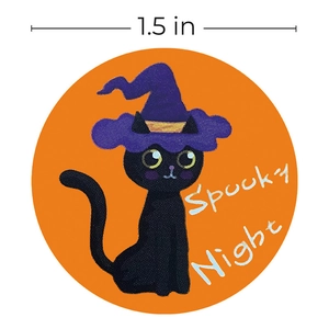 Adesivo Halloween da 1,5 pollici con gatto nero, cappello da strega e Spooky Night