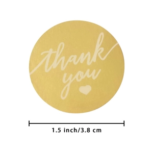Golden round Thank You stickers with white heart design, 1.5 inch gift seal labels