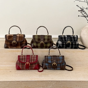 Detailed collection of vintage plaid wool shoulder bags in five classic autumn colors