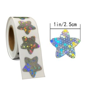Detail of 1 inch holographic star sticker showing size and iridescent laser finish