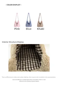 Detail view of plush tote bags in multiple colors with checkered inner lining
