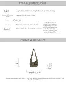 Detailed size chart for retro canvas crossbody bag with dimensions 32x23cm and adjustable strap
