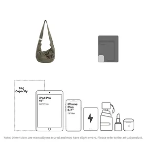 Capacity detail of army green canvas crossbody bag showing fit for iPad and iPhone