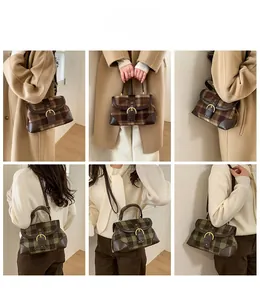 Detail showing vintage plaid patterns and leather stitching on retro crossbody bags