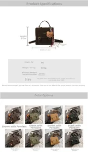 Detailed technical spec sheet of retro PU backpack showing dimensions and color variants