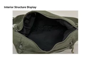 Close-up of army green canvas bag showing spacious interior and secure zipper details