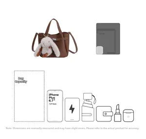 Diagramme détaillé de la capacité du sac en cuir marron montrant le rangement pour iPad