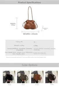 Detailed size specifications and color options for the stylish PU leather dumpling bag