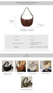 Detailed size chart and multi-color display of large canvas crescent crossbody bag