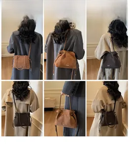 Collage of model styling a minimalist suede bucket bag in brown and coffee colors