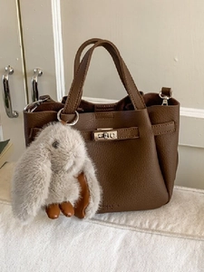 Women's Fashion PU Leather Bucket Bag Lychee Texture Handbag With Rabbit Charm Vintage Shoulder Crossbody Bag
