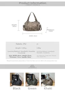 Detailed size chart and multi-color view of vintage leather tote bag with dimensions