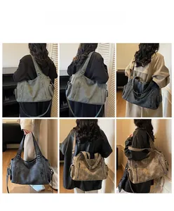 Collage of multi-pocket retro leather tote bags in various colors on models