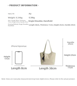 Detailed dimensions of the beige PU tote bag with weight and size comparison chart