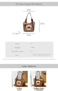 Size chart showing PU tote bag dimensions: 35cm width, 29cm height with material details