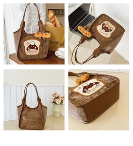 Multi-angle view of brown corduroy tote bag with cartoon puppy patch and plush pendant