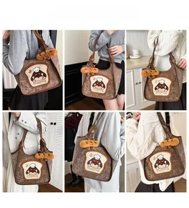 Brown plush tote bag featuring a cartoon chef dog embroidery shown in multiple angles