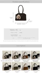 Detailed size chart and color options for the vintage PU leather tote bag with a plush charm