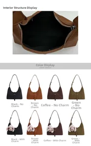 Macro view of inner structure and color options for the half-moon faux leather handbag