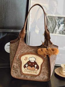 Large Capacity Women PU Leather Tote Bag Cute Cartoon Dog Toast Patch Shoulder Bag Stylish Commuting Handbag With Pendant