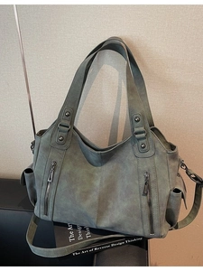 Retro large capacity matte faux leather tote bag with shoulder strap in slate grey