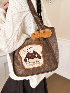 Brown corduroy shoulder tote bag with cute dog toast patch and plush biscuit pendant