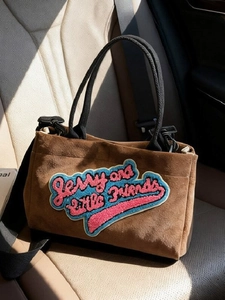 Sac à Épaule en Daim Tendance Écusson Chenille Lettre Petit Sac Carré Femmes Rétro Décontracté Sac à Main Cabas