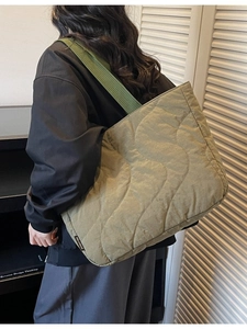 Chic olive green quilted tote bag with wavy stitching and large capacity for women