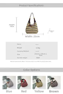 Detailed view of striped knit handbag dimensions and multiple color options display