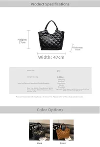 Tableau des dimensions et détails du sac cabas matelassé en cuir PU avec losanges