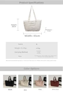 Detailed size chart and specifications for the large capacity quilted nylon tote bag