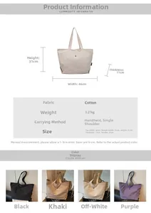 Detailed size chart and multi-color options for this large canvas tote bag